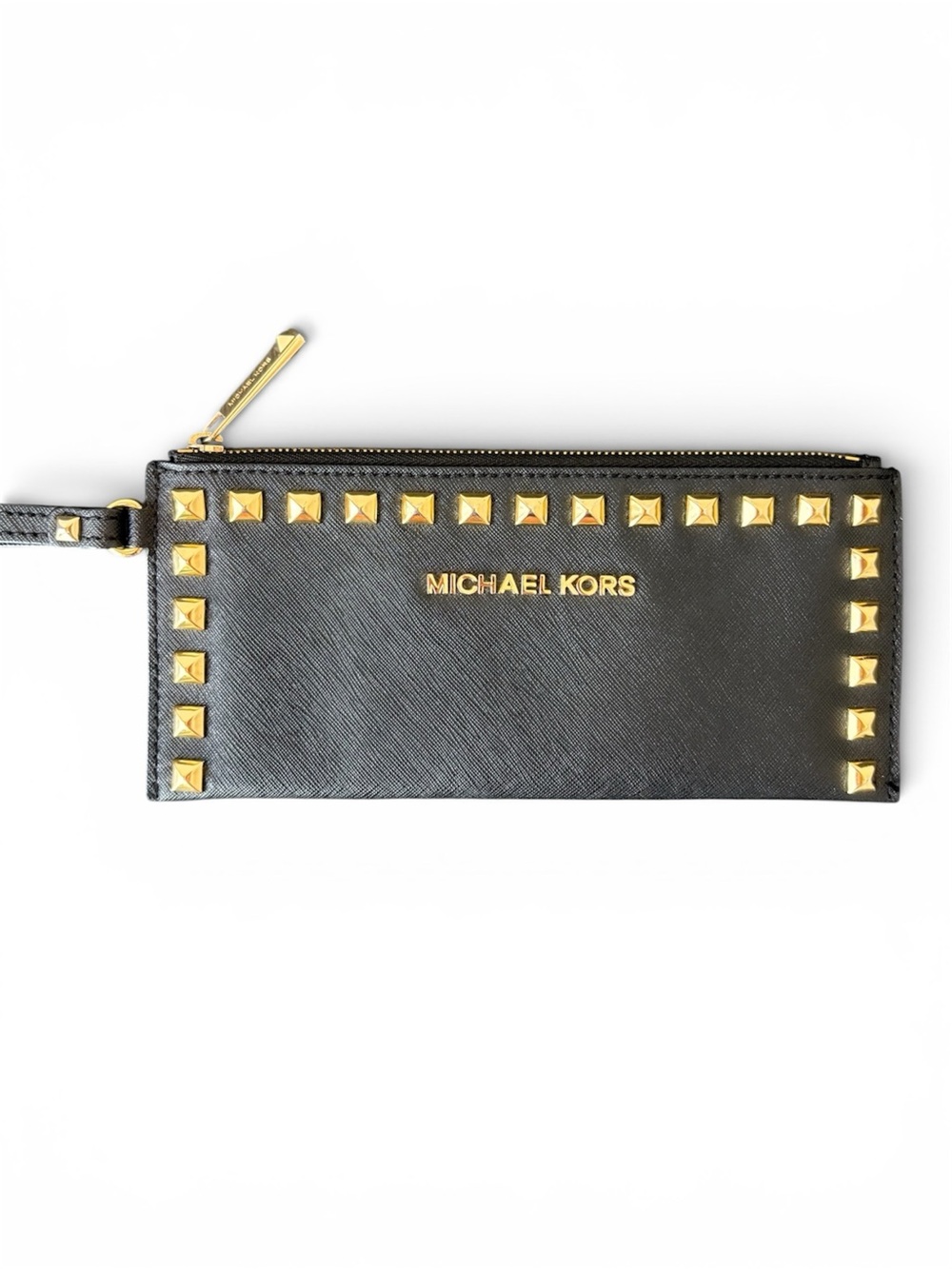 Michael Kors Studded Saffiano Leather Zip Wristlet Wallet Black Gold